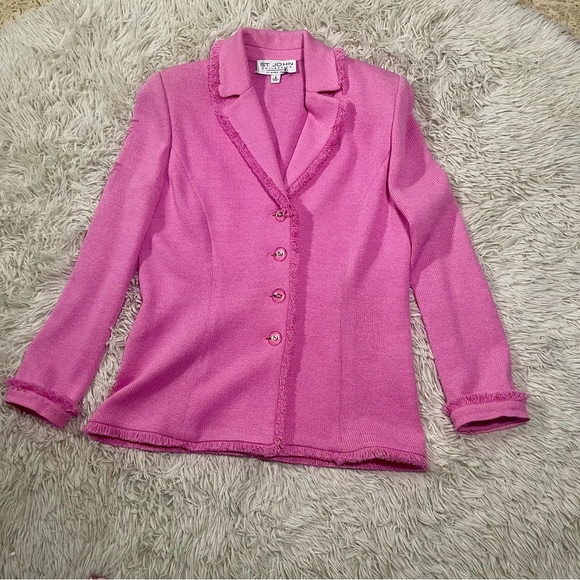 SOLD St. John Marie Gray Rare Y2K Santana Knit Hot Pink Logo Buttons Fringe - Picture 11 of 14